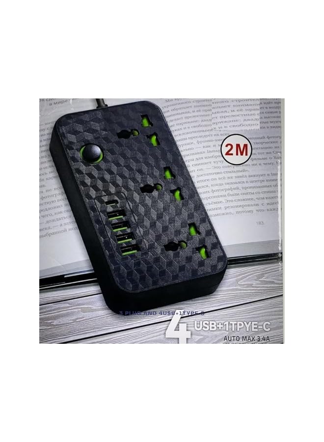 PROMASS Extension Cord with USB, Multi Plug Power Strip – 3 Outlets, 4 USB Ports & 1 Type-C Port, 2M Power Extension Socket for Home, Office, Kitchen – Surge Protection, Copper Clad Aluminum Wire - Image 5