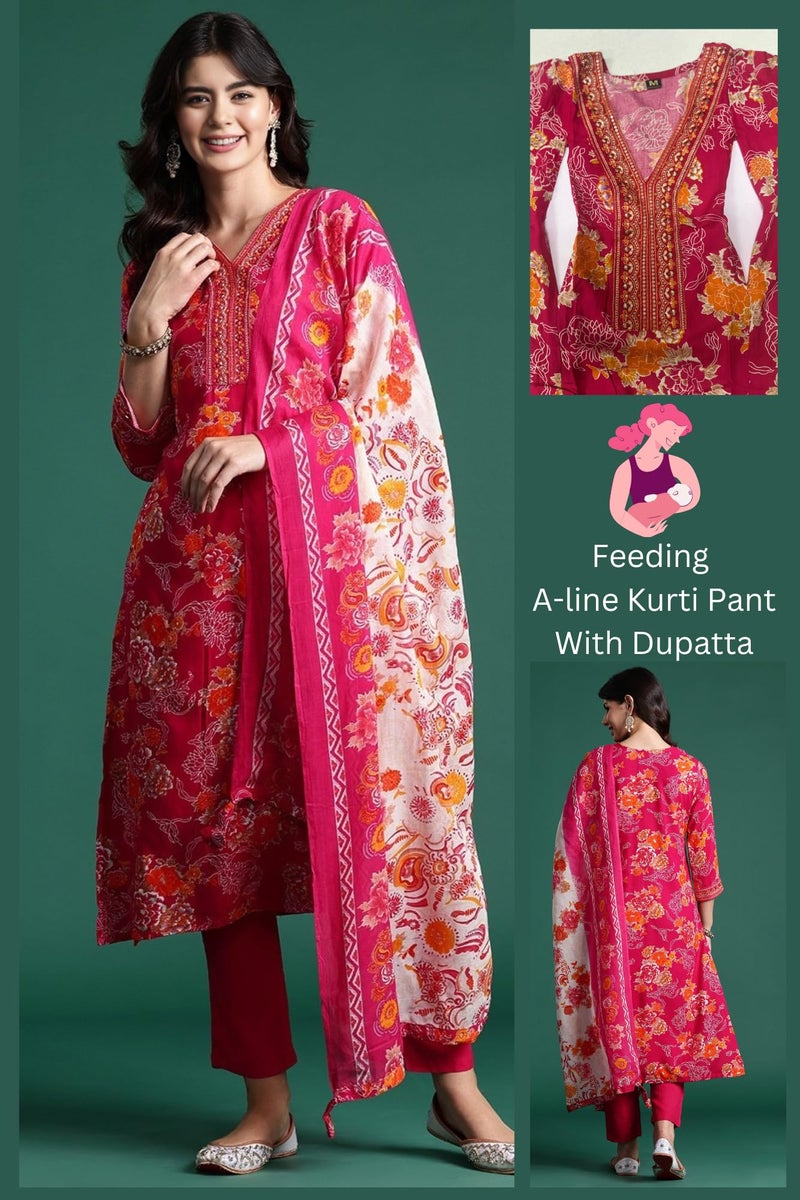 ASSUME FAB Women Viscose Rayon Embroidery V Neck Maternity and Feeding Zip Kurti Pant and Dupatta(Large Pink - Image 2