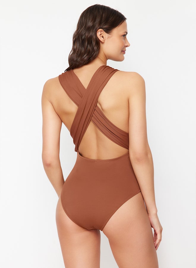 trendyol Brown Deep Low-Cut Draped Hipster Core Swimsuit - Image 4