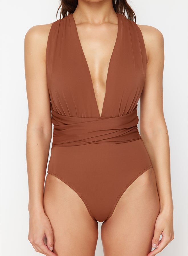 trendyol Brown Deep Low-Cut Draped Hipster Core Swimsuit - Image 3