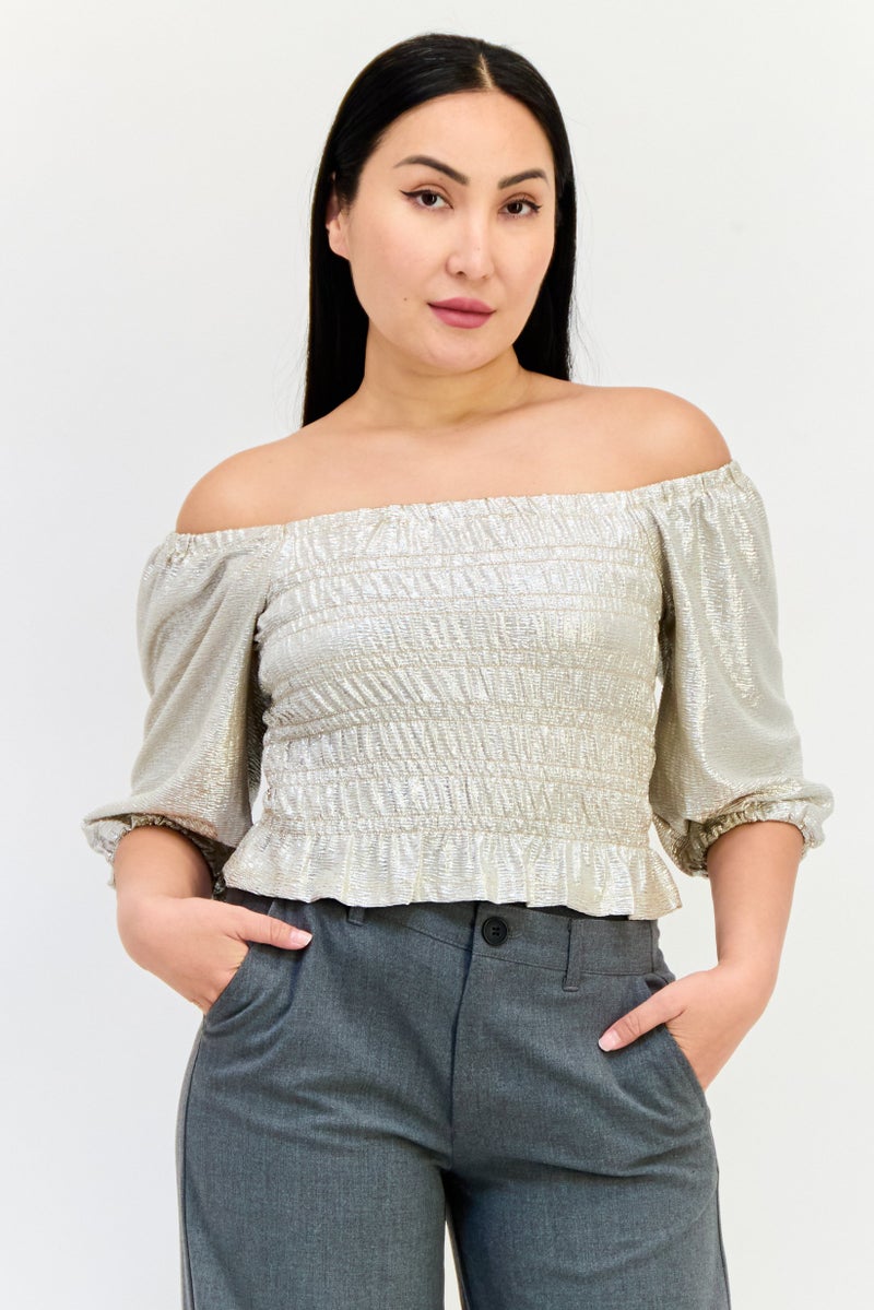 ONLY Women Off Shoulder Neck Elbow Sleeve Metallic Blouse, Gold - Image 1