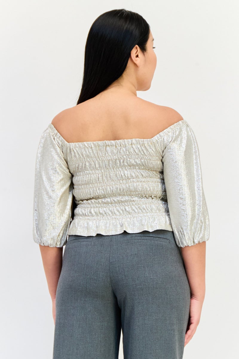 ONLY Women Off Shoulder Neck Elbow Sleeve Metallic Blouse, Gold - Image 3