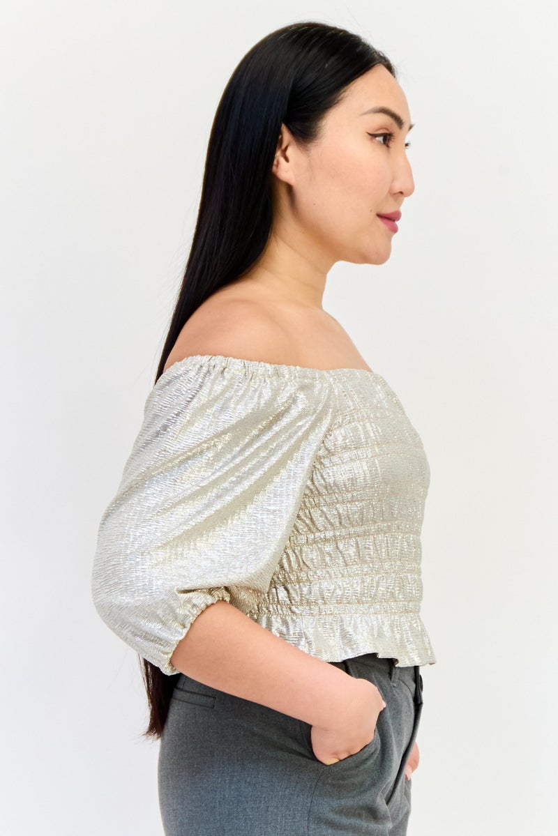 ONLY Women Off Shoulder Neck Elbow Sleeve Metallic Blouse, Gold - Image 2