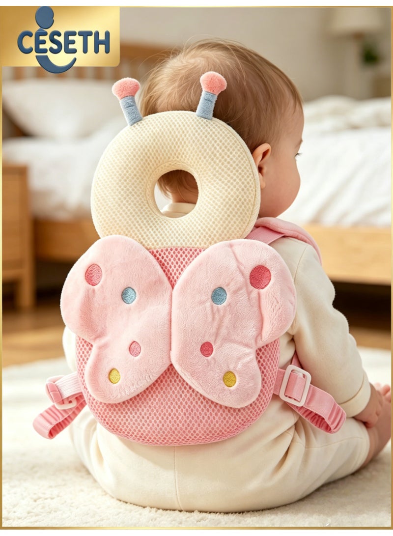 CESETH Baby Anti-Fall Pillow Protection Cushion Backpack, Soft Plush Fabric Baby Step Prevention Anti-Fall Headrest, Adjustable Baby Cushion Backpack, Child Walking Helmet Safety Padding, Breathable Baby Head Protection Back, Suitable For Crawling, Learning And Walking, 6-24 Months Old, Both Male And Female Compatible Shock-Absorbing Safety Headrest - Pink - Image 1