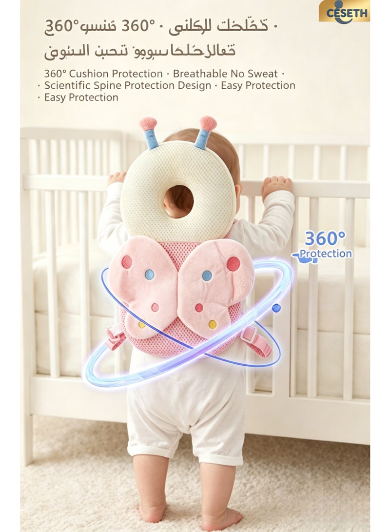 CESETH Baby Anti-Fall Pillow Protection Cushion Backpack, Soft Plush Fabric Baby Step Prevention Anti-Fall Headrest, Adjustable Baby Cushion Backpack, Child Walking Helmet Safety Padding, Breathable Baby Head Protection Back, Suitable For Crawling, Learning And Walking, 6-24 Months Old, Both Male And Female Compatible Shock-Absorbing Safety Headrest - Pink - Image 4