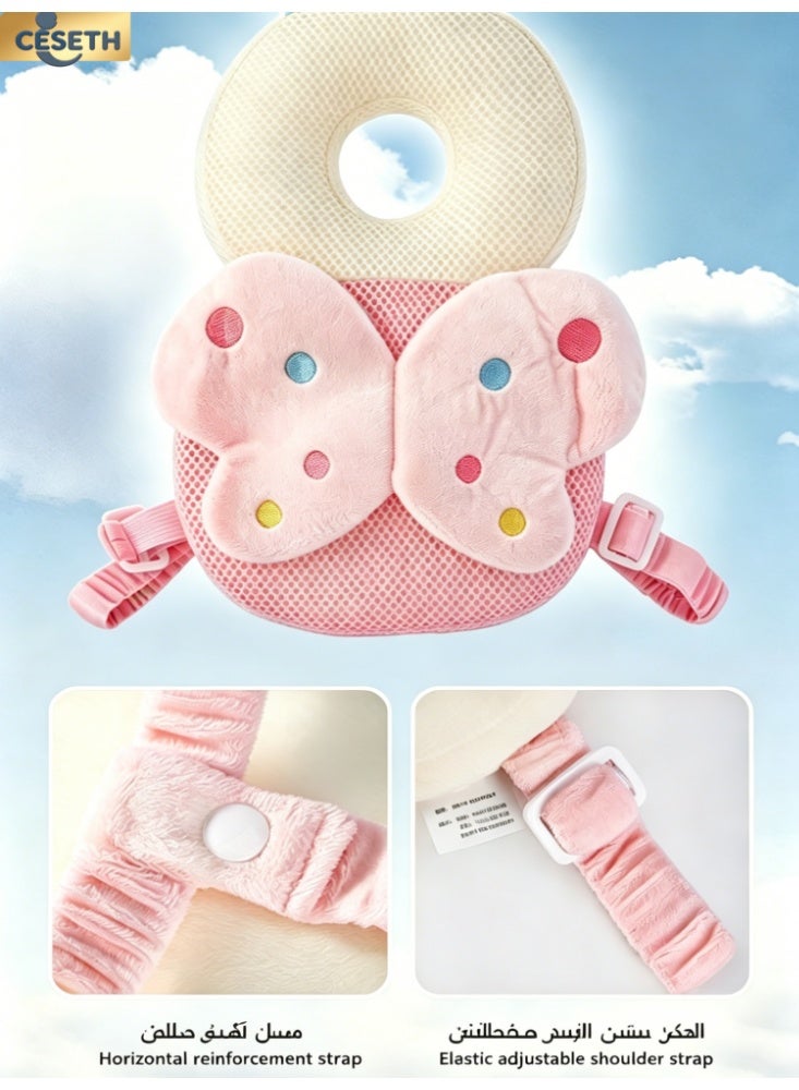 CESETH Baby Anti-Fall Pillow Protection Cushion Backpack, Soft Plush Fabric Baby Step Prevention Anti-Fall Headrest, Adjustable Baby Cushion Backpack, Child Walking Helmet Safety Padding, Breathable Baby Head Protection Back, Suitable For Crawling, Learning And Walking, 6-24 Months Old, Both Male And Female Compatible Shock-Absorbing Safety Headrest - Pink - Image 3