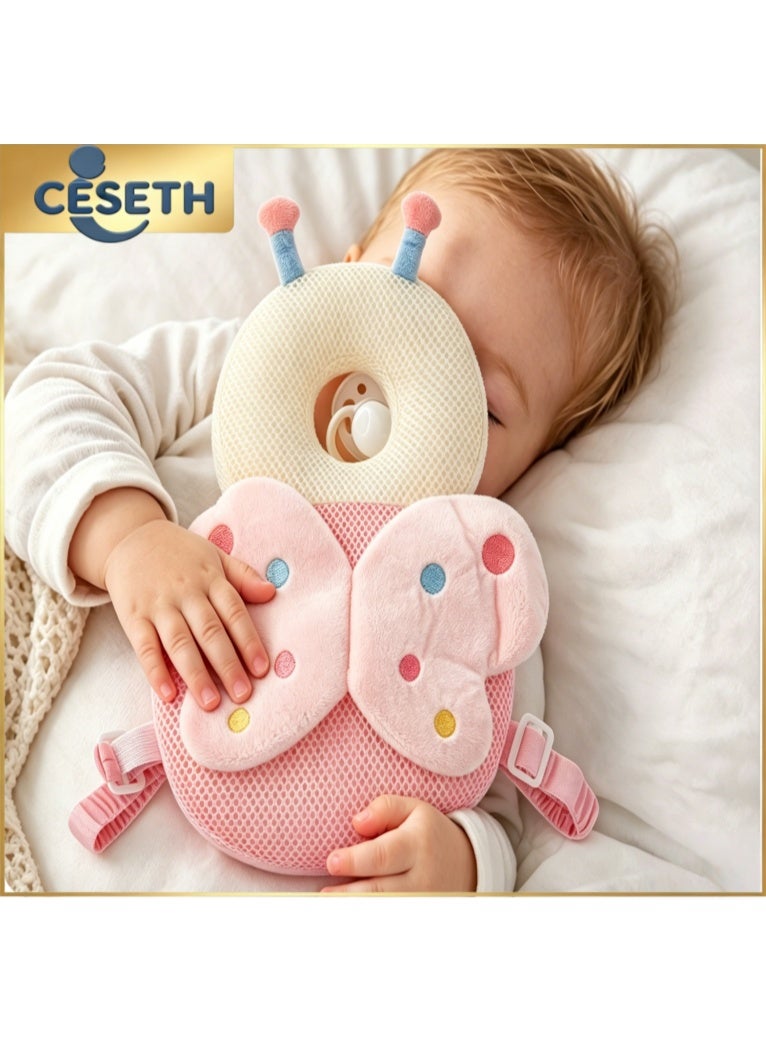 CESETH Baby Anti-Fall Pillow Protection Cushion Backpack, Soft Plush Fabric Baby Step Prevention Anti-Fall Headrest, Adjustable Baby Cushion Backpack, Child Walking Helmet Safety Padding, Breathable Baby Head Protection Back, Suitable For Crawling, Learning And Walking, 6-24 Months Old, Both Male And Female Compatible Shock-Absorbing Safety Headrest - Pink - Image 5