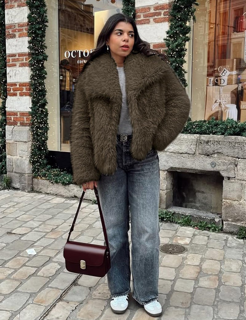 Yimoon Womens Faux Fur Coat Lapel Open Front Fluffy Shaggy Jacket Winter Warm Furry Overcoat(Darkbrown-L) - Image 5