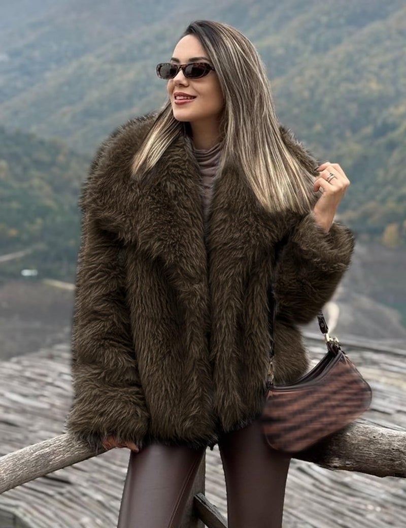 Yimoon Womens Faux Fur Coat Lapel Open Front Fluffy Shaggy Jacket Winter Warm Furry Overcoat(Darkbrown-L) - Image 3