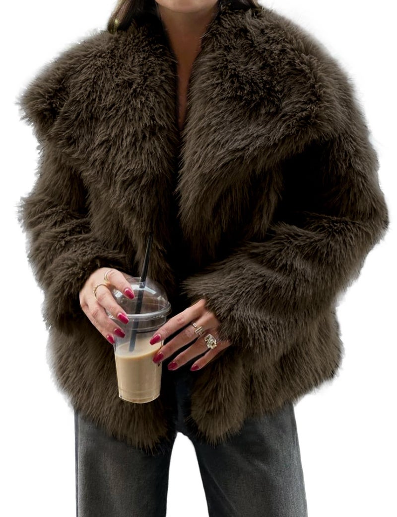 Yimoon Womens Faux Fur Coat Lapel Open Front Fluffy Shaggy Jacket Winter Warm Furry Overcoat(Darkbrown-L) - Image 1