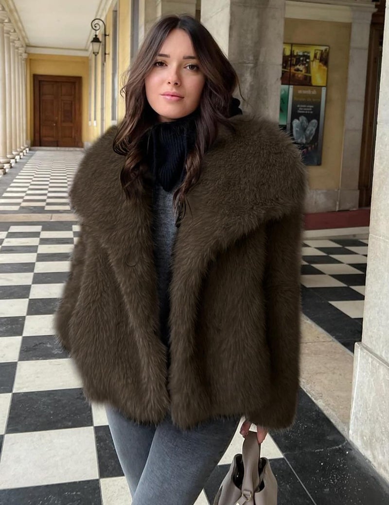 Yimoon Womens Faux Fur Coat Lapel Open Front Fluffy Shaggy Jacket Winter Warm Furry Overcoat(Darkbrown-L) - Image 2