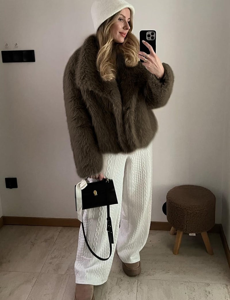 Yimoon Womens Faux Fur Coat Lapel Open Front Fluffy Shaggy Jacket Winter Warm Furry Overcoat(Darkbrown-L) - Image 4