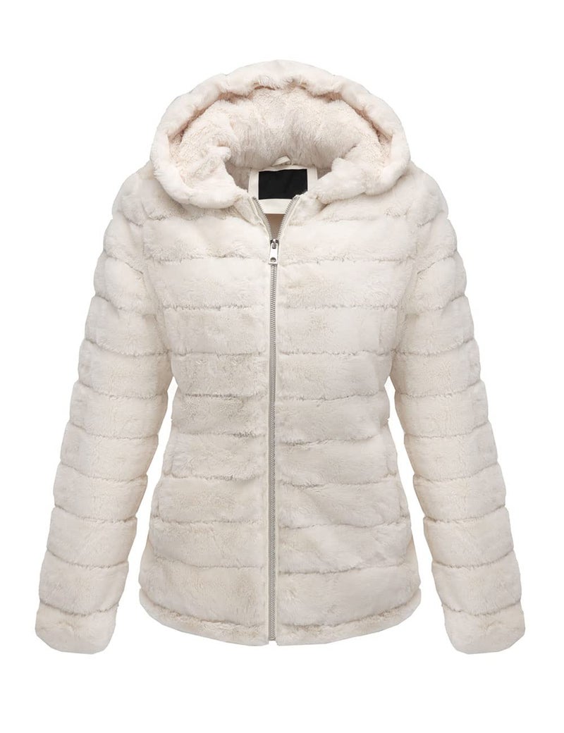 Bellivera Women Faux Fur Coat Fleece Fuzzy Hood Fluffy Shaggy Shearling Sherpa-Lined Jacket 1801 Beige L - Image 1