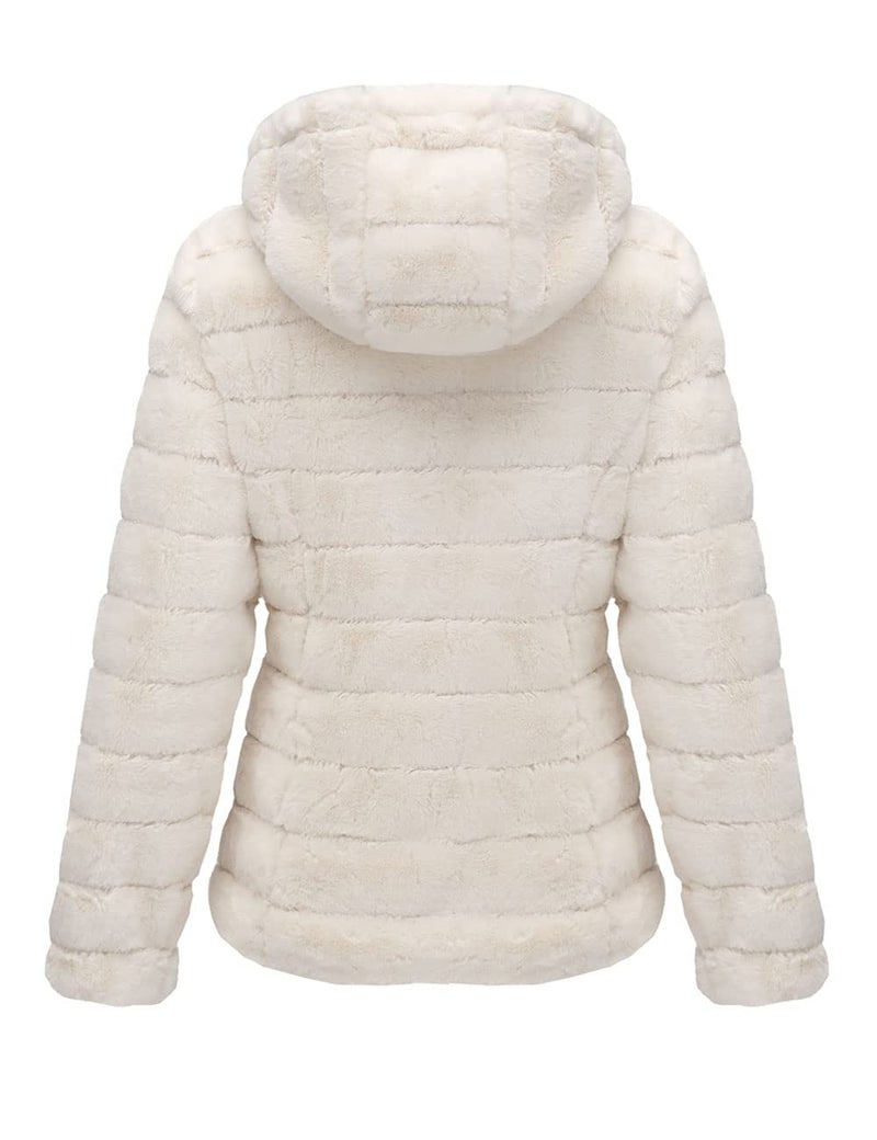 Bellivera Women Faux Fur Coat Fleece Fuzzy Hood Fluffy Shaggy Shearling Sherpa-Lined Jacket 1801 Beige L - Image 2