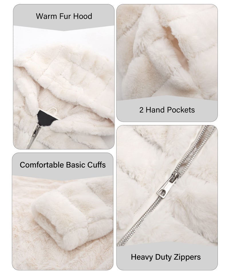 Bellivera Women Faux Fur Coat Fleece Fuzzy Hood Fluffy Shaggy Shearling Sherpa-Lined Jacket 1801 Beige L - Image 4