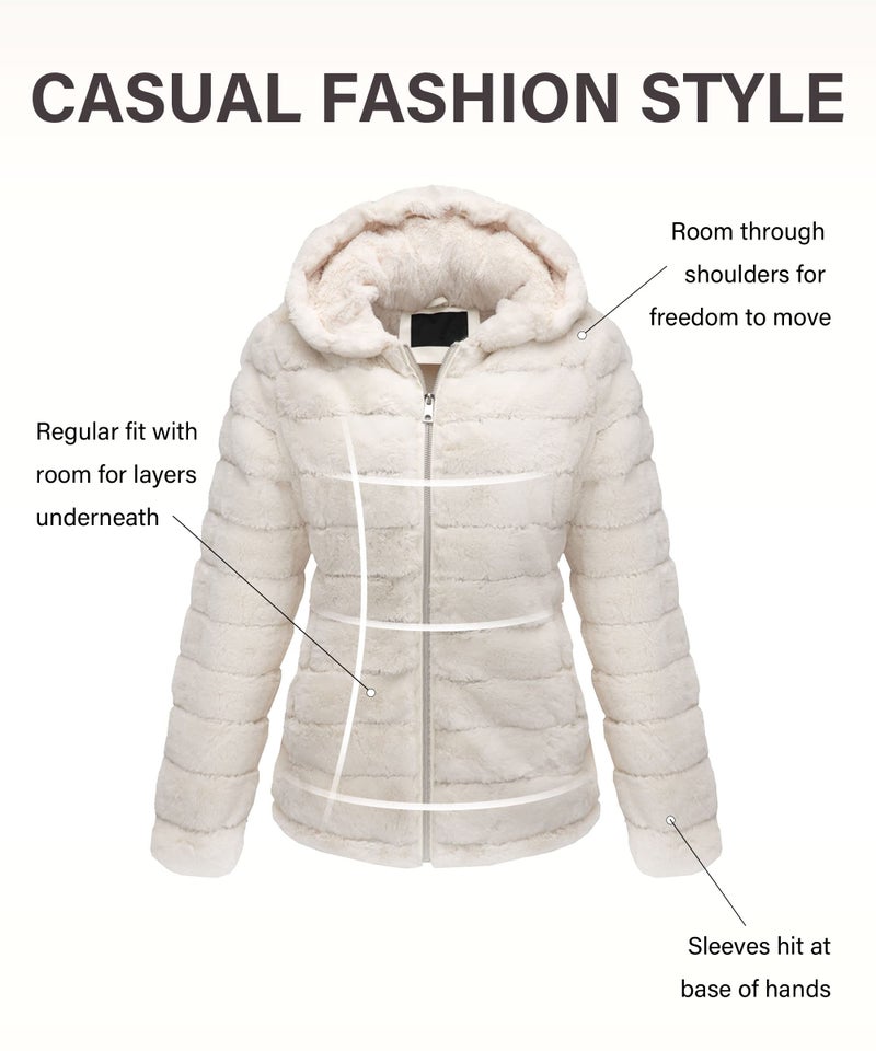 Bellivera Women Faux Fur Coat Fleece Fuzzy Hood Fluffy Shaggy Shearling Sherpa-Lined Jacket 1801 Beige L - Image 3