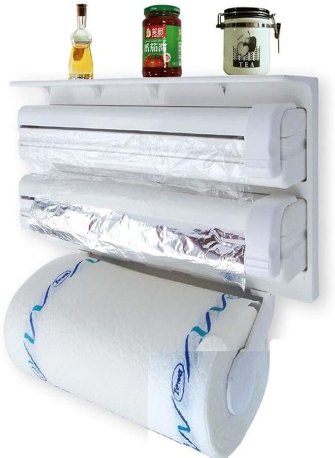 by Misbah 4-in-1 Wall-Mount Paper Towel Holder | Plastic Wrap and Foil Dispenser with Spice Rack | White