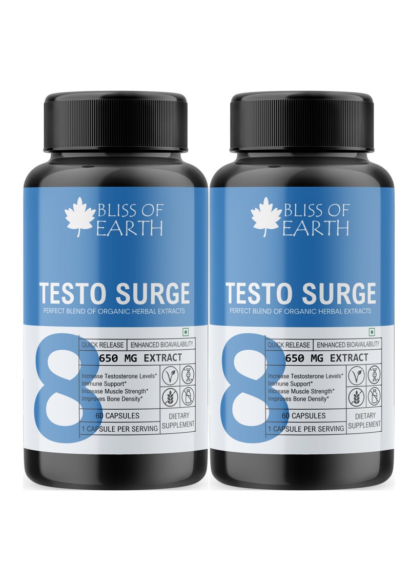 BLISS OF EARTH - Testo Booster Supplement 650mg With Shilajit, Ashwagandha, Safed Musli For Stamina And Energy 60 Capsules - Pack Of 2 - Image 1
