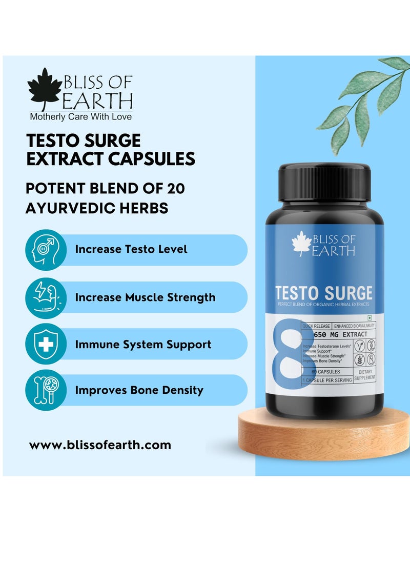 BLISS OF EARTH - Testo Booster Supplement 650mg With Shilajit, Ashwagandha, Safed Musli For Stamina And Energy 60 Capsules - Pack Of 2 - Image 1