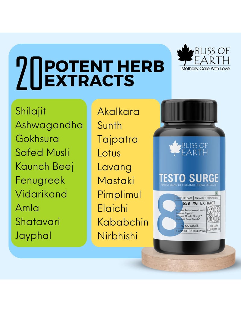 BLISS OF EARTH - Testo Booster Supplement 650mg With Shilajit, Ashwagandha, Safed Musli For Stamina And Energy 60 Capsules - Pack Of 2 - Image 1