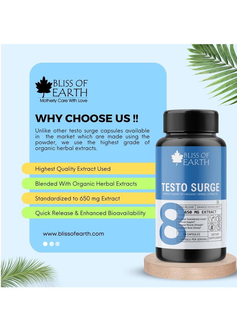 BLISS OF EARTH - Testo Booster Supplement 650mg With Shilajit, Ashwagandha, Safed Musli For Stamina And Energy 60 Capsules - Pack Of 2 - Image 1