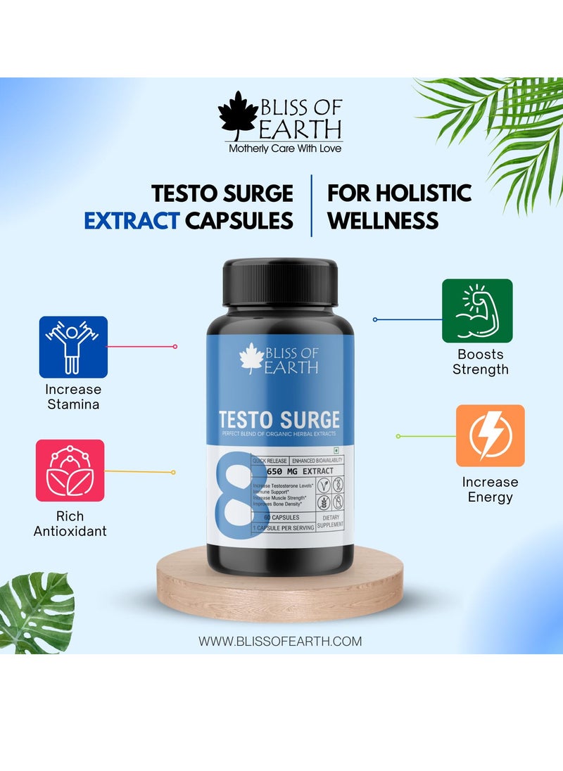 BLISS OF EARTH - Testo Booster Supplement 650mg With Shilajit, Ashwagandha, Safed Musli For Stamina And Energy 60 Capsules - Pack Of 2 - Image 1