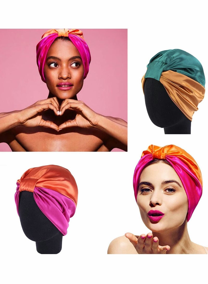 NIBEMINENT Shower Caps for Women, Satin Reusable Double Layer Protective Hair Caps, Elastic Hem Turban Silk Nightcap Haircare Cap - Image 2