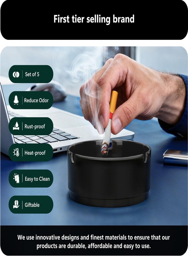 roygra Ash Tray (5 Pack), Outdoor Ashtray for Outside Patio, Resin Ashtrays for Cigarettes with 3 Holder, Smoking Accessories, Home Décor, Stackable Ashtrays for Smokers Indoor - Black - Image 5