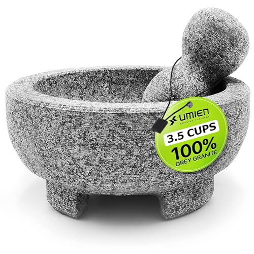 Umien™ Granite Mortar and Pestle Set - 100% Granite - 3.5-Cups - 8-Inch – Avocado Tool Included – Natural Stone Molcajete for Spices, Pestos, & Guacamole (Grey) - Stone Grinder - Guacamole - Image 1