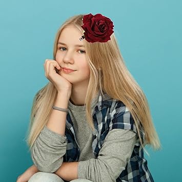 SOLUSTRE Flower Hairpin Rose Hair Clip Elegant Flower Bobby Pin Women Rose Flower Hair Accessories for Ladies Girls Valentines Day Decoration Wine Red - Image 4