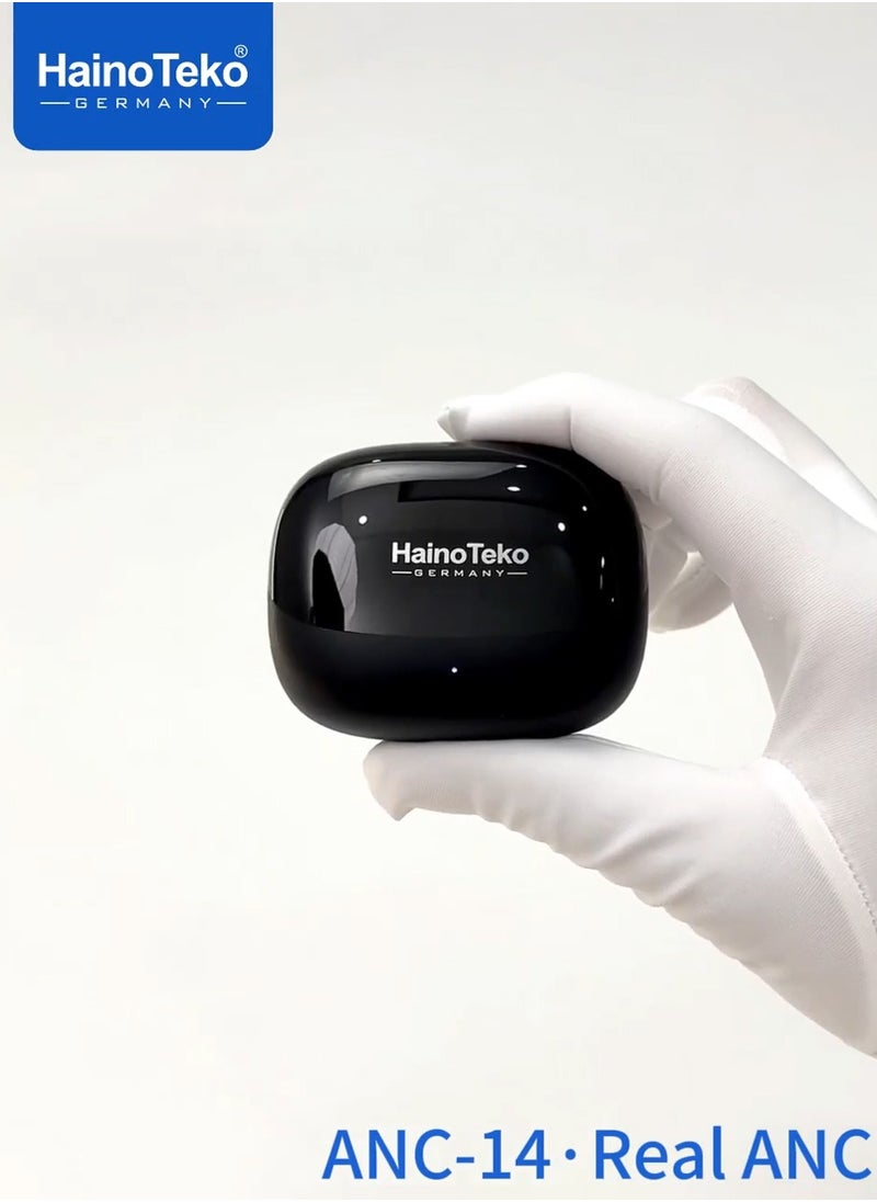 سماعات أذن بلوتوث Haino Teko ANC-14 مع خاصية إلغاء الضوضاء النشطة الحقيقية، تجربة موسيقى باس، ميكروفون فائق الوضوح وتحكم متعدد الوظائف باللمس متوافق مع الهواتف المحمولة والأجهزة اللوحية التي تعمل بنظام Android باللون الأسود