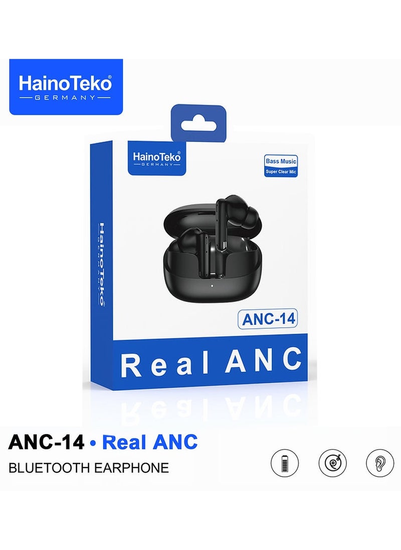 سماعات أذن بلوتوث Haino Teko ANC-14 مع خاصية إلغاء الضوضاء النشطة الحقيقية، تجربة موسيقى باس، ميكروفون فائق الوضوح وتحكم متعدد الوظائف باللمس متوافق مع الهواتف المحمولة والأجهزة اللوحية التي تعمل بنظام Android باللون الأسود
