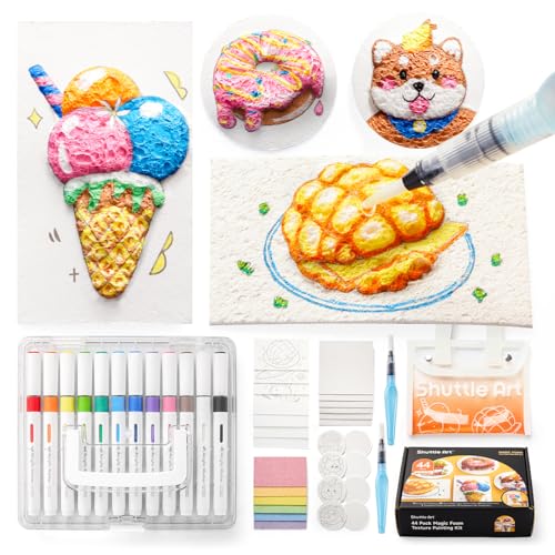 Shuttle Art 44 Pcs Magic Foam Texture Painting Kit Including 28 Pcs Foam Texture Paper 12 Colors Brush Tip Acrylic Paint Markers Magical 3D Effect Painting Kit - Image 1