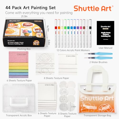 Shuttle Art 44 Pcs Magic Foam Texture Painting Kit Including 28 Pcs Foam Texture Paper 12 Colors Brush Tip Acrylic Paint Markers Magical 3D Effect Painting Kit - Image 3