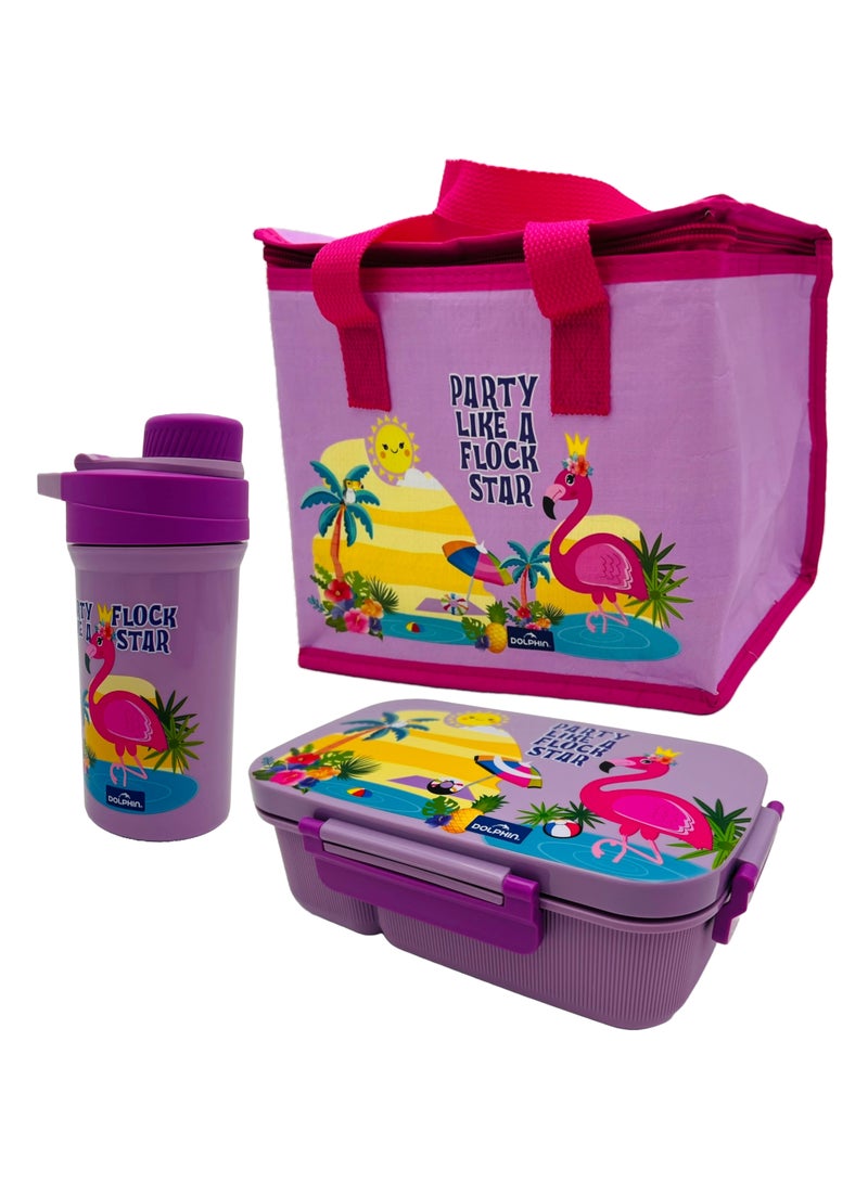 Dolphin Lunch Box Pink Colour Set with 3 Compartments, Special Lock, 1800ml Bento Box + 700ml Water Bottle + Thermal Bag – 100% Food Grade, High Quality 