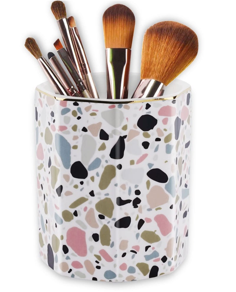 LEAZUL Pen Holder, Makeup Brush Holder Ceramic Shiny Gold Terrazzo Marble Stone Pattern Pencil Cup for Girls Kids Women Durable Stand Desk Organizer Storage Gift for Office, Classroom, Home Pink - Image 5