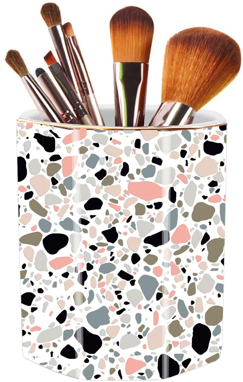 LEAZUL Pen Holder, Makeup Brush Holder Ceramic Shiny Gold Terrazzo Marble Stone Pattern Pencil Cup for Girls Kids Women Durable Stand Desk Organizer Storage Gift for Office, Classroom, Home Pink - Image 1