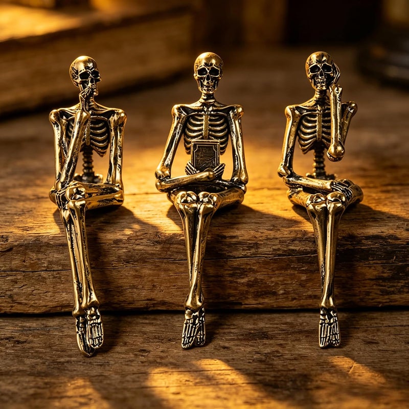 XINXUAN Cross-location transit friendly build Halloween Decorations Skull Statue Home Decor, Modern Bookshelf and Desk Decor, Set of 3 (Retro - Gold) Simple practical structure - Image 3