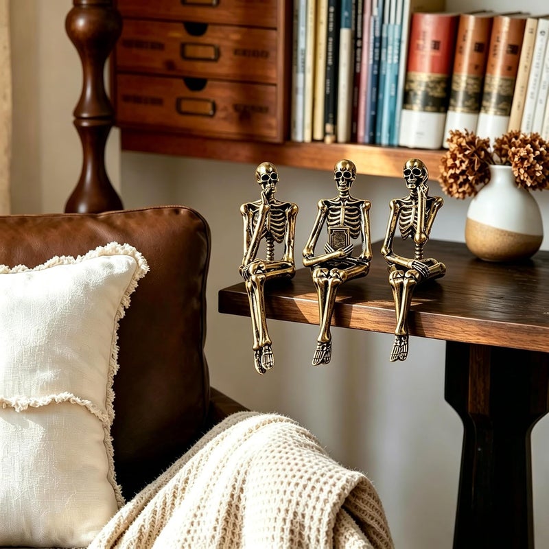 XINXUAN Cross-location transit friendly build Halloween Decorations Skull Statue Home Decor, Modern Bookshelf and Desk Decor, Set of 3 (Retro - Gold) Simple practical structure - Image 4