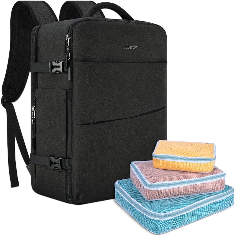 Lubardy Travel Backpack for Men Women 17 Inch Flight Approved Carry on Backpack Waterproof Large 40L Luggage Daypack Business College Weekender Overnight Laptop Backpack with 3 Packing Cubes, Black - Image 1