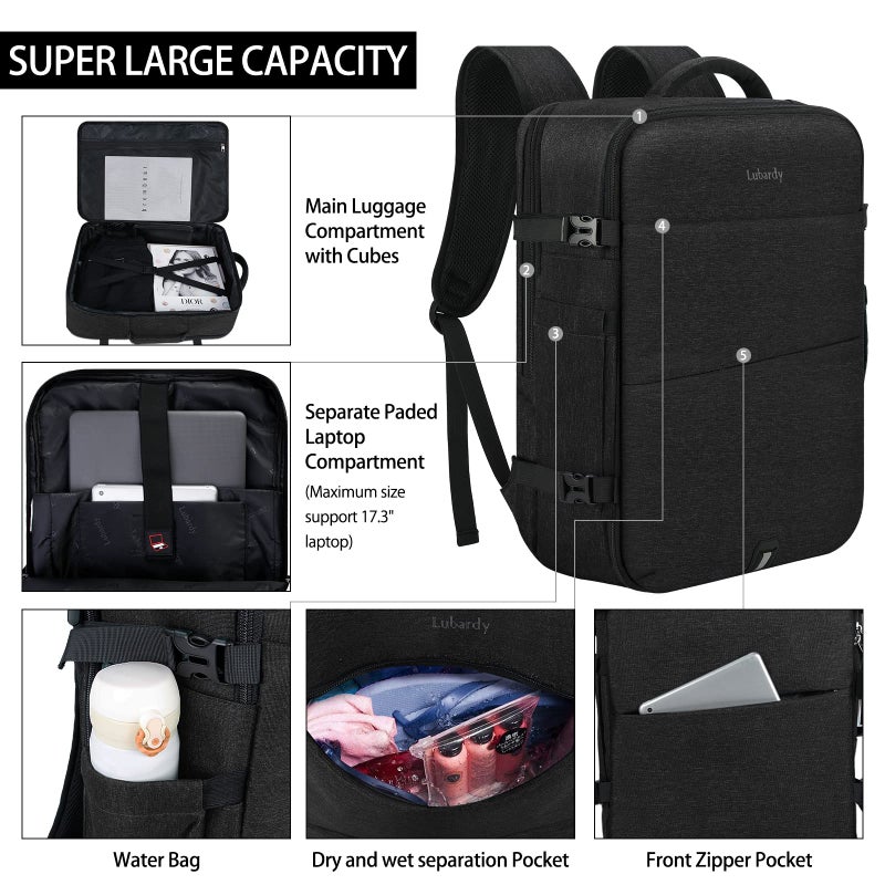 Lubardy Travel Backpack for Men Women 17 Inch Flight Approved Carry on Backpack Waterproof Large 40L Luggage Daypack Business College Weekender Overnight Laptop Backpack with 3 Packing Cubes, Black - Image 4