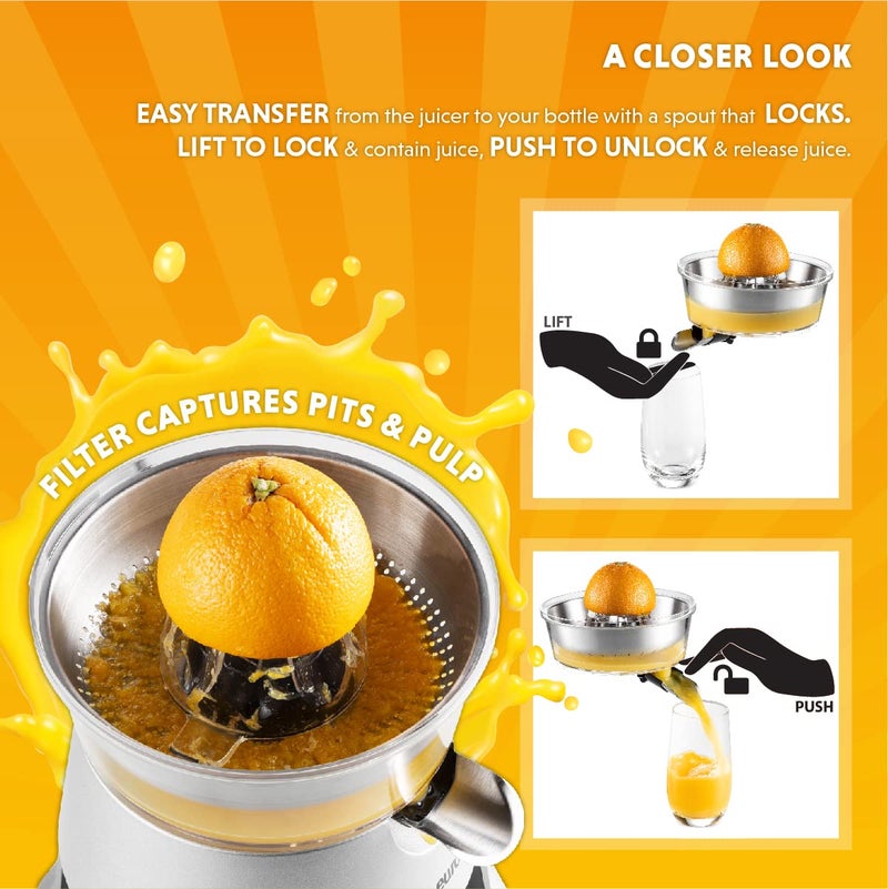 EUROLUX Electric orange juicer squeezer | Pro Stainless Steel Citrus Juicer with Soft Grip Handle for Effortless Juicing, Also Fits Lime & Grapefruit Auto Shutoff, Dishwasher-safe Parts, Pulp Control - Image 3