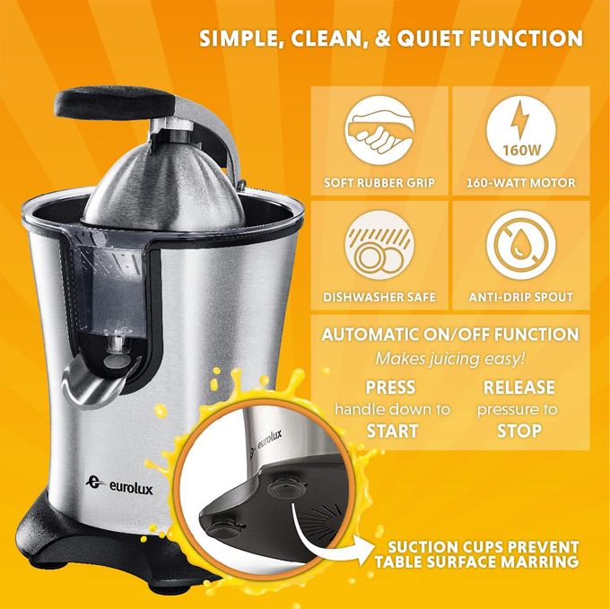 EUROLUX Electric orange juicer squeezer | Pro Stainless Steel Citrus Juicer with Soft Grip Handle for Effortless Juicing, Also Fits Lime & Grapefruit Auto Shutoff, Dishwasher-safe Parts, Pulp Control - Image 2