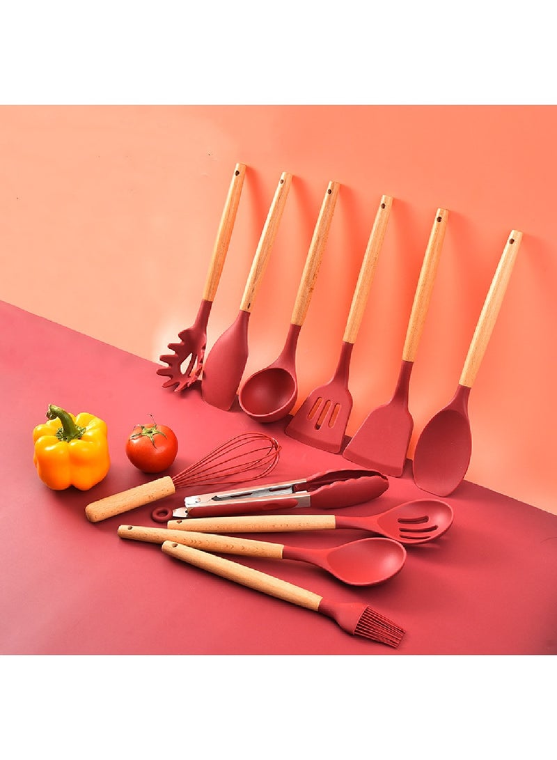 12-Piece Set Of Silicone Kitchen Utensils And Wooden Handles With Storage Bucket  - Image 3