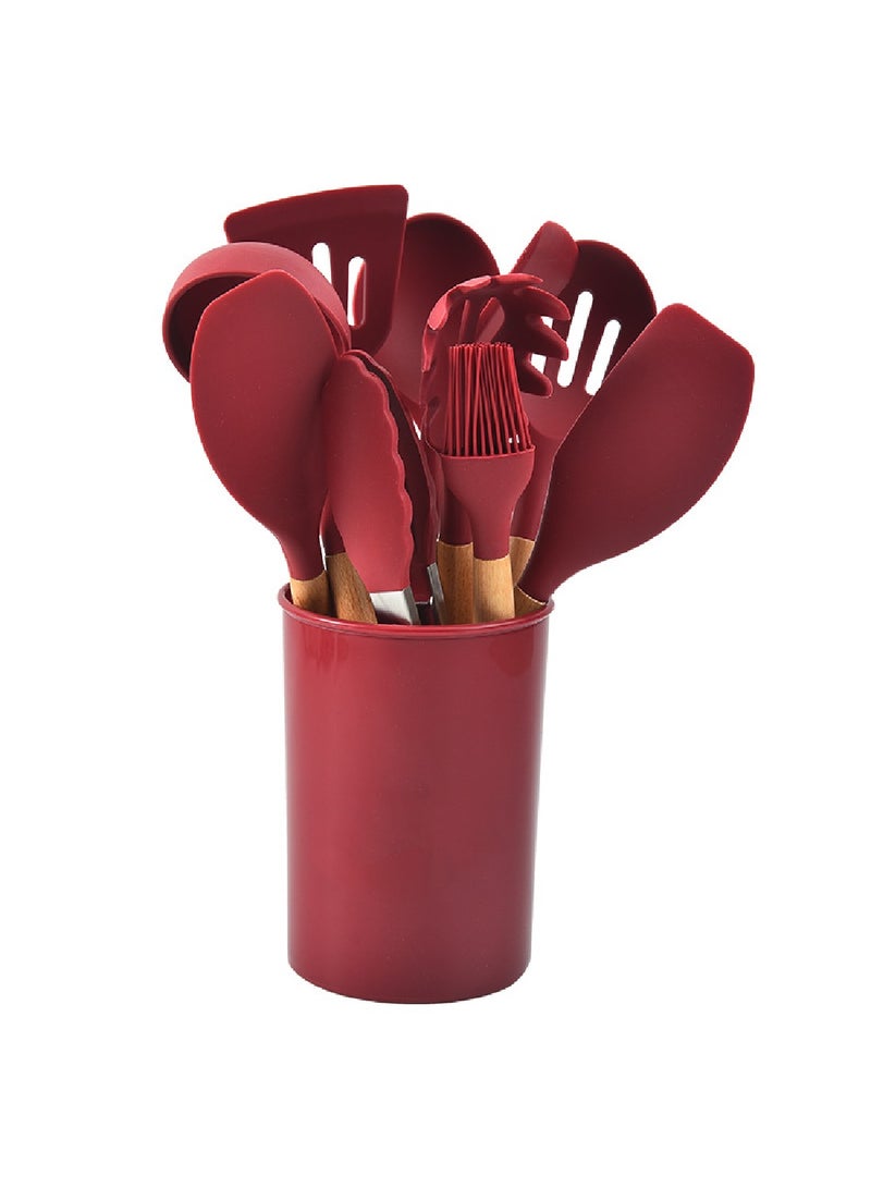 12-Piece Set Of Silicone Kitchen Utensils And Wooden Handles With Storage Bucket  - Image 2
