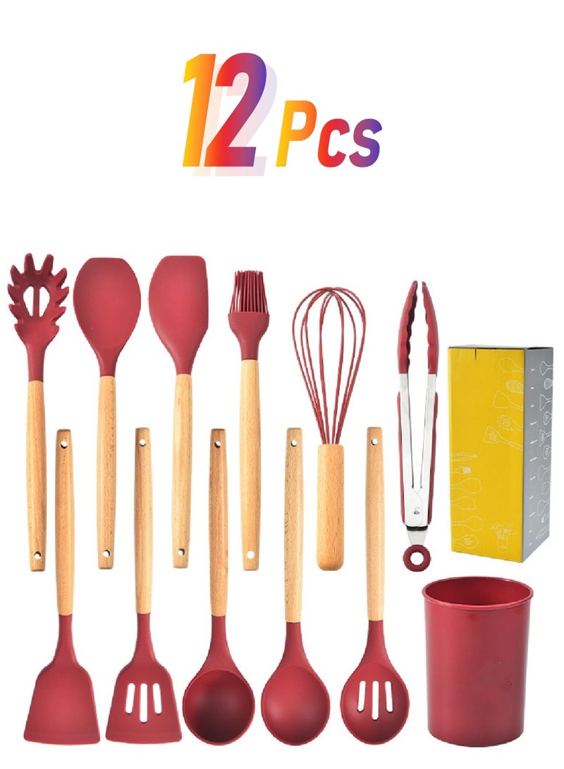 12-Piece Set Of Silicone Kitchen Utensils And Wooden Handles With Storage Bucket  - Image 1