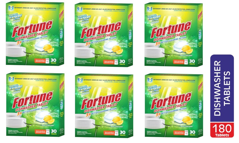 Fortune 5-in-1 Dishwasher Tablets|180 Tablets | 30 Tablets(Pack of 6) | Enzyme Powered Cleaning for Indian Cooking | Removes Oil, Masala, Tea & Coffee Stains| With Rinse Aid, Salt & Glass Protection - Image 2