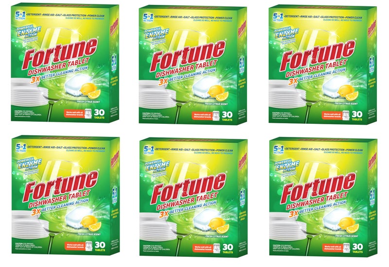 Fortune 5-in-1 Dishwasher Tablets|180 Tablets | 30 Tablets(Pack of 6) | Enzyme Powered Cleaning for Indian Cooking | Removes Oil, Masala, Tea & Coffee Stains| With Rinse Aid, Salt & Glass Protection - Image 1