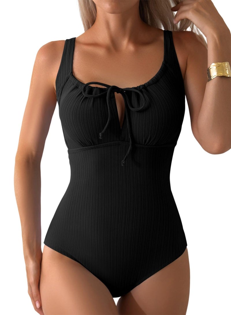 Aleumdr Textured One Piece Bathing Suit for Women Tummy Control Swimwear Slimming Bathing Suit Cutout Tie Knot Swimsuit Black Large - Image 1