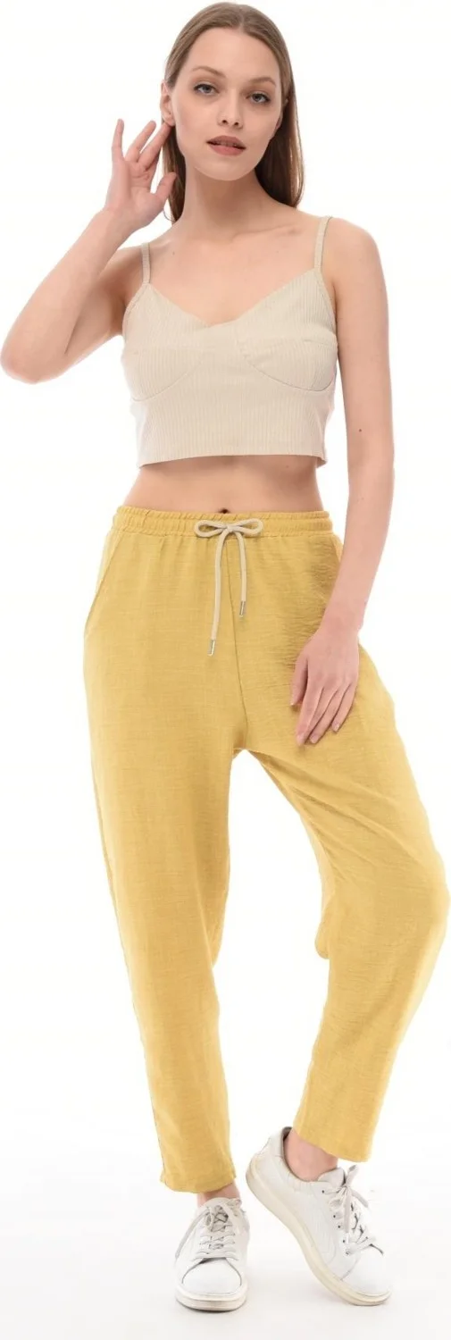 Cedy Denim Women's Synthetic Linen High Waist Elastic Skinny Leg Mom Pants C611
